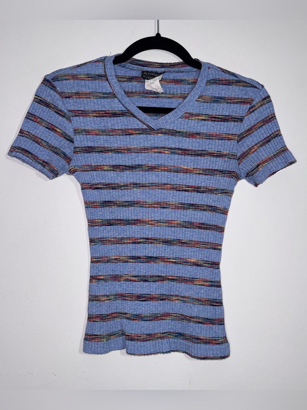 Vintage Anxiety Cafe Blue Ribbed Rainbow Stripe Baby Tee Y2K USA Made M